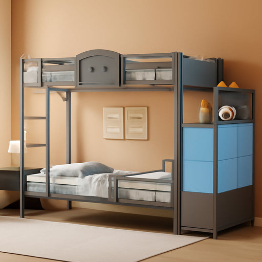 Bunk Bed Twin over Twin with 6 Storage Drawers for Kids Teens,Metal Led Loft Bed with Bedside Storage,Safety Guardrails for Small Space, No Box Spring Needed, Grey