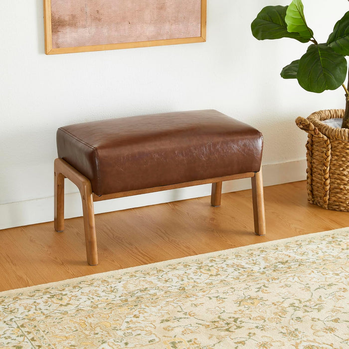 Rectangle Ottoman Bench, Modern Coffee Leatherette Footstool with Walnut Rubberwood Legs for Living Room, Bedroom