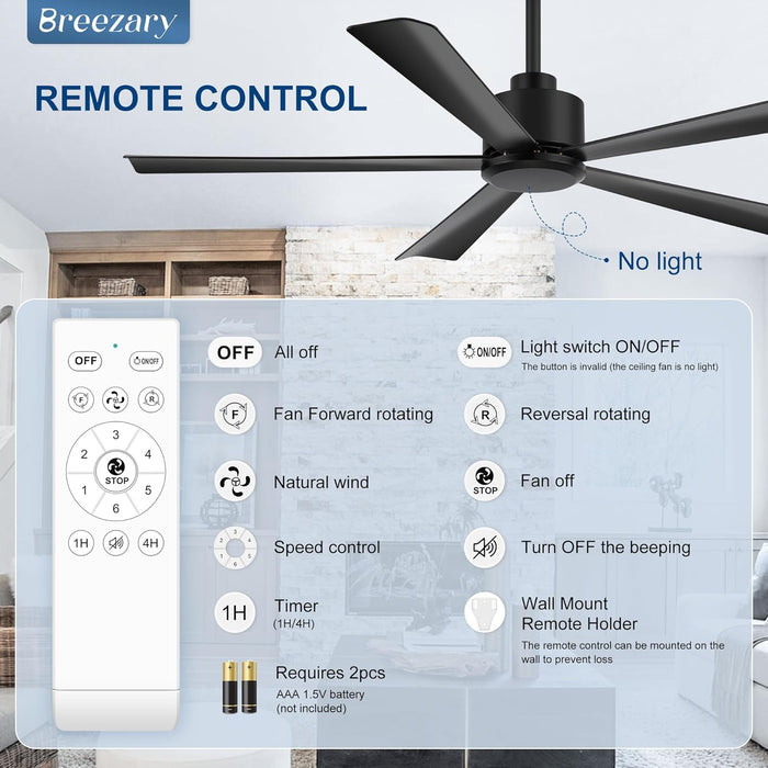 52 Inch 5 Blade Ceiling Fans without Light Remote Control, Quiet Reversible DC Motor, 5 Black Blades, 6-Speed, Industrial Ceiling Fan for Home Kitchen (Black)