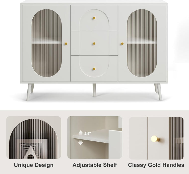 Farmhouse Buffet Cabinet with Storage and 3 Drawers, Mid-Century Modern Fluted Glass 2-Door Sideboard Cabinet, Elegant Credenza Storage Solution for Dining Room or Living Area 47.2 Inch White