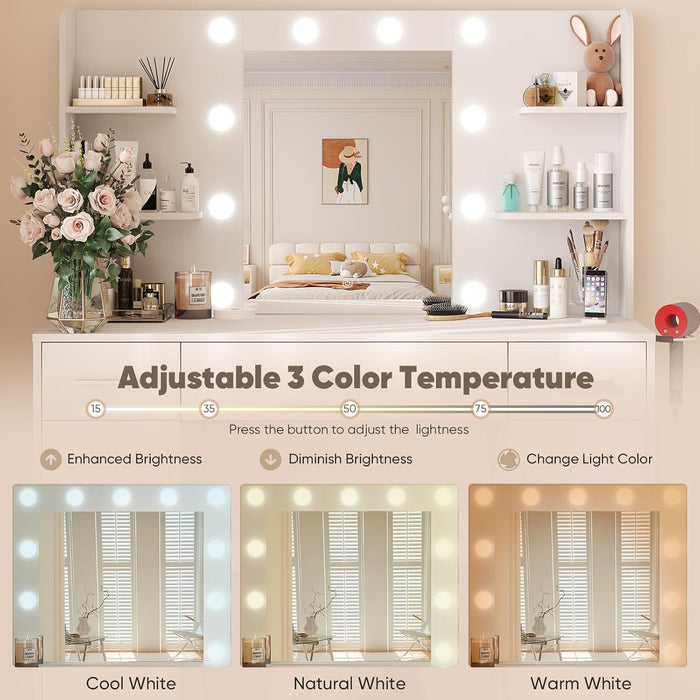 Makeup Vanity Desk with Mirror and Adjustable 10 LED Bulbs, White | Vanity Makeup Table with Power Outlets and Hairdryer Rack, Dressing Table with 3 Drawers & 2 Large Cabinet, 3 Color Lighting