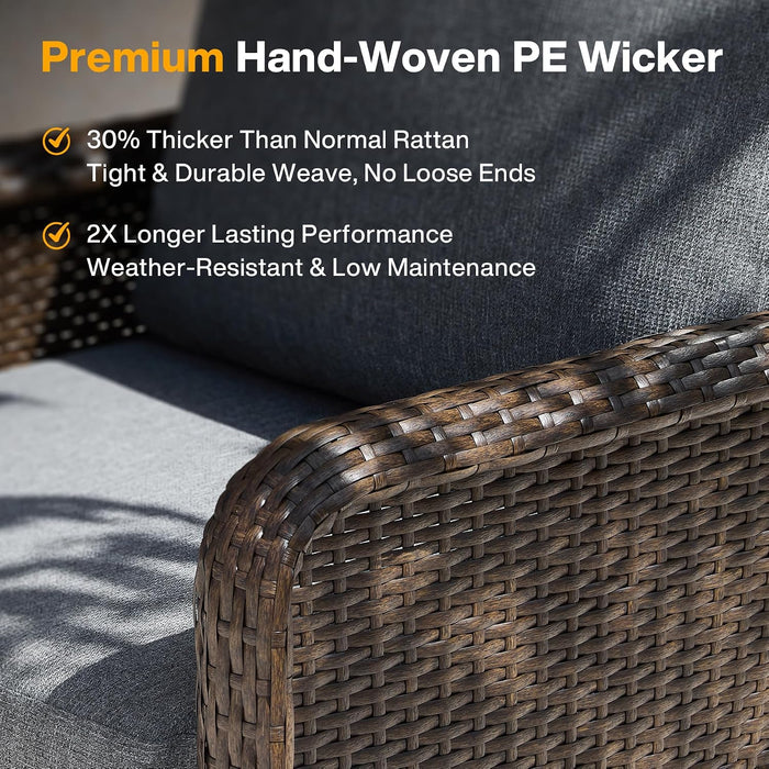 360° Swivel Wicker Patio Chair Set of 2, Handwoven PE Rattan, 5.5" Thick Olefin Cushions, Weatherproof Conversation Seating for Porch Deck Backyard, Brown/Gray