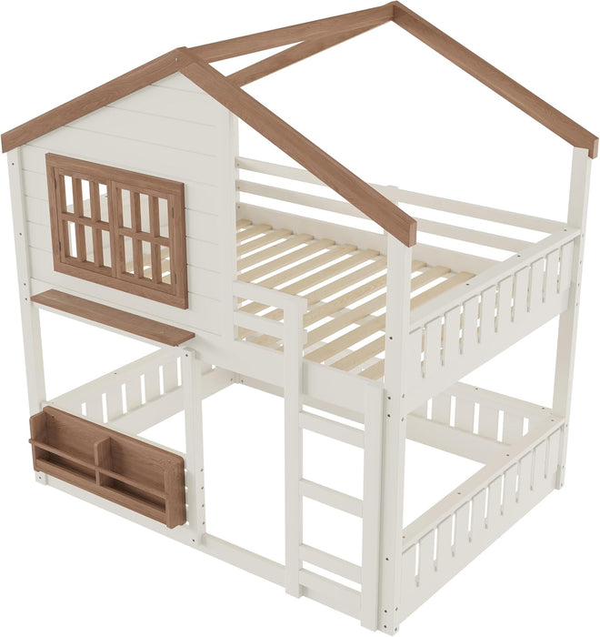 Beige SpaceSaving PlayhouseStyle Bunk Bed With Storage