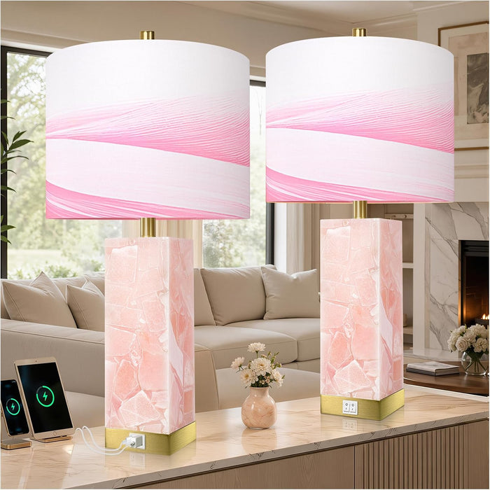 Pink Alabaster Table Lamp Set of 2 with Night Light for Bedroom