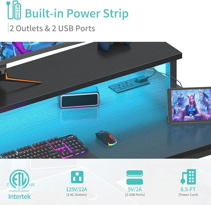 Black 40InchRGBIlluminated GamingDesk WithUSBPorts