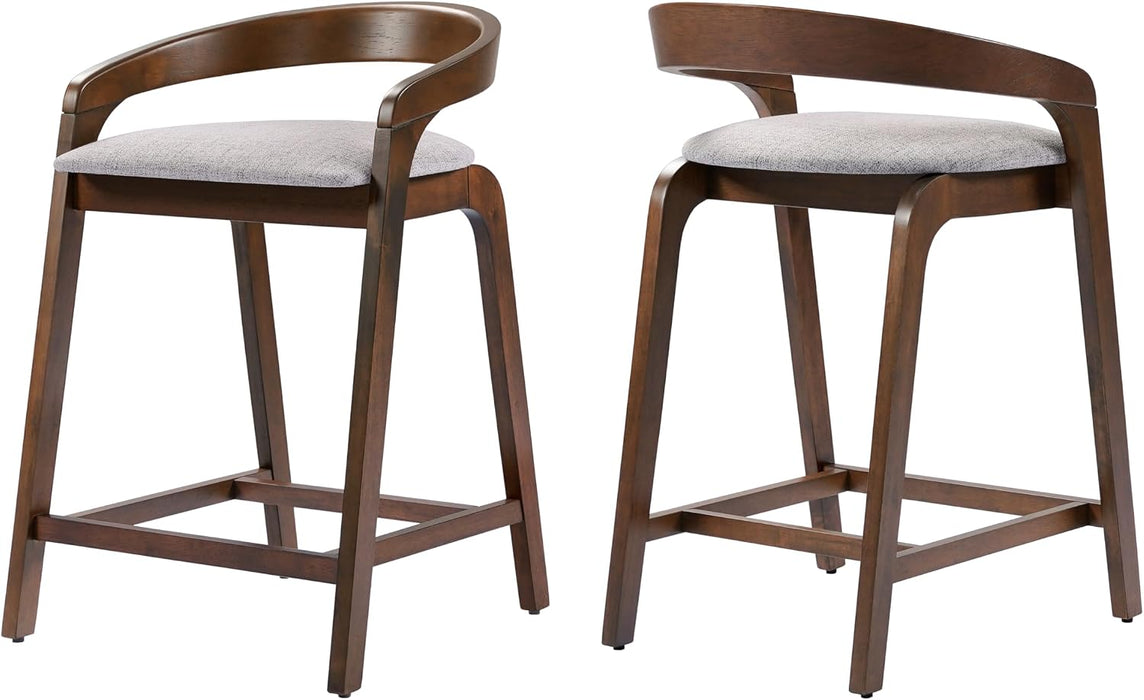 Alame 25.25''H Rubberwood Barstools Set of 2, Curved Backrest Counter Stool, Upholstery Bar Chair, Sturdy Structure Counter Stool Chair for Kitchen Home Bar, Light Gray+Natural