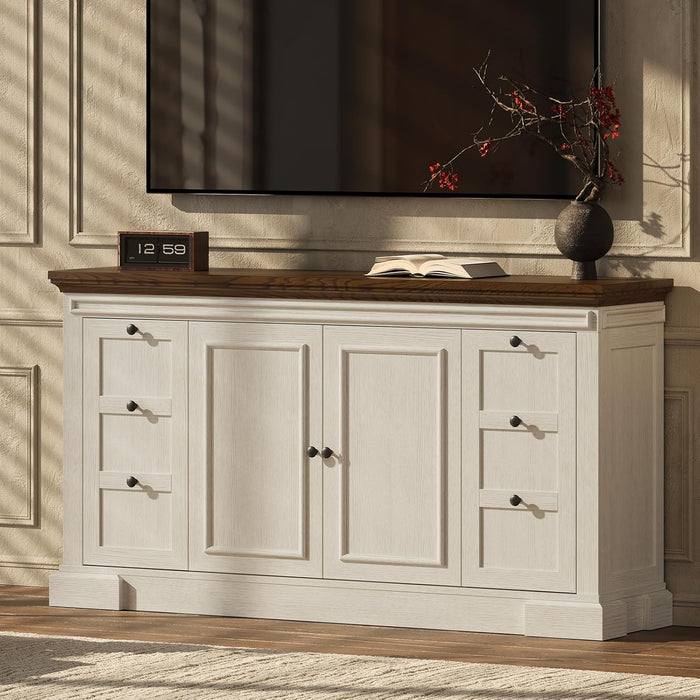 Sideboard Buffet Cabinet with Storage, 63" Large Credenza Kitchen Storage Cabinets with Drawer and Door, Wood Coffee Bar Table with Adjustable Shelf for Living Room, Kitchen, American Retro, off White