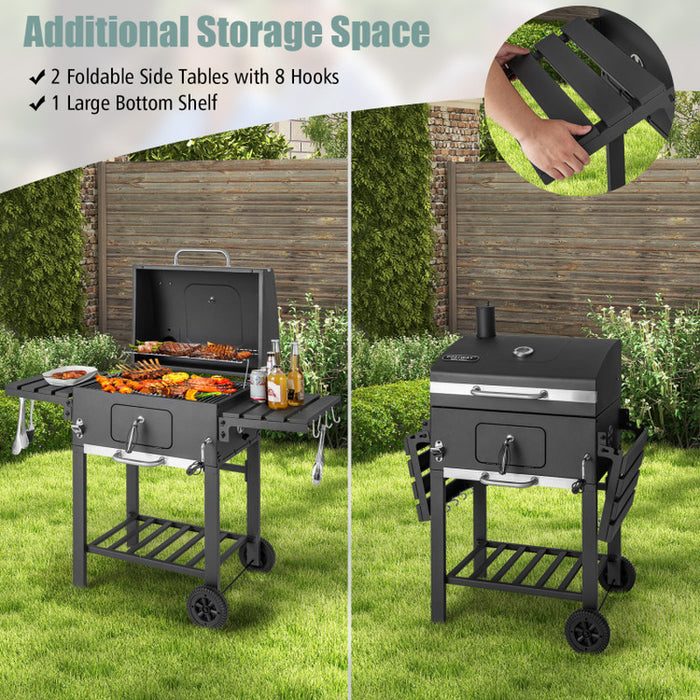 Outdoor BBQ Charcoal Grill with 2 Foldable Side Table and Wheels