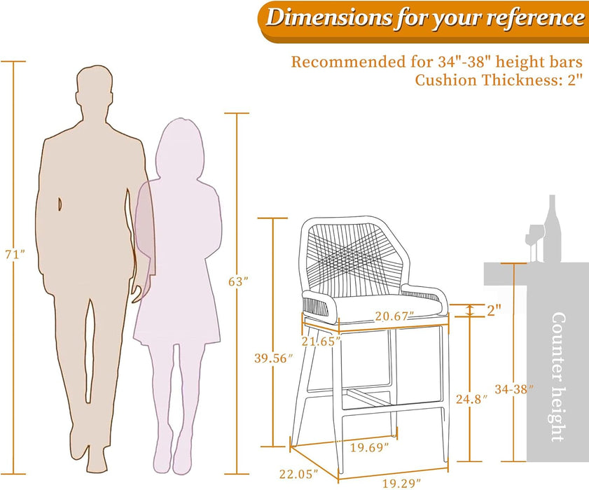 Counter Height Bar Stools Set of 4 Woven Aluminum Modern Barstools with Back and Arms for Patio Balcony Pool Accent Outdoor Kitchen Counter Stool Chairs