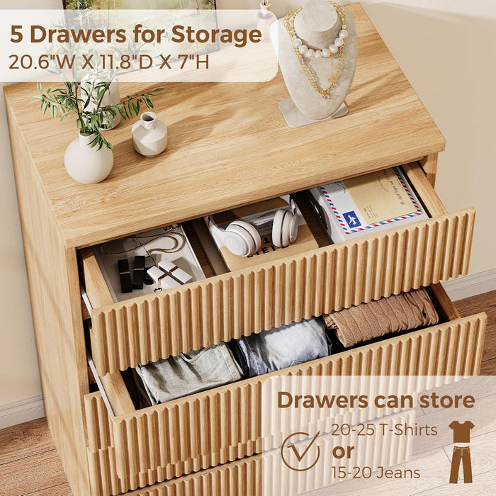 Fluted 5 Drawer Dresser for Bedroom, 43" Tall Dresser for Bedroom, Modern Fluted Chest of Drawers, Handle-Free/Floor-Mounted Wood Drawer Dresser for Living Room, Bedroom, Entryway, Hallway (Oak)