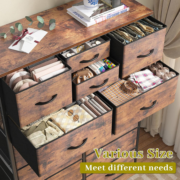Dresser for Bedroom with 10+4 Storage Drawers, Chest of Drawers, Sturdy Metal Frame & Wood Top, Hallway, Closets, Living Room, 52.2" H X 37.4" W X 11.8" D, Rustic Brown