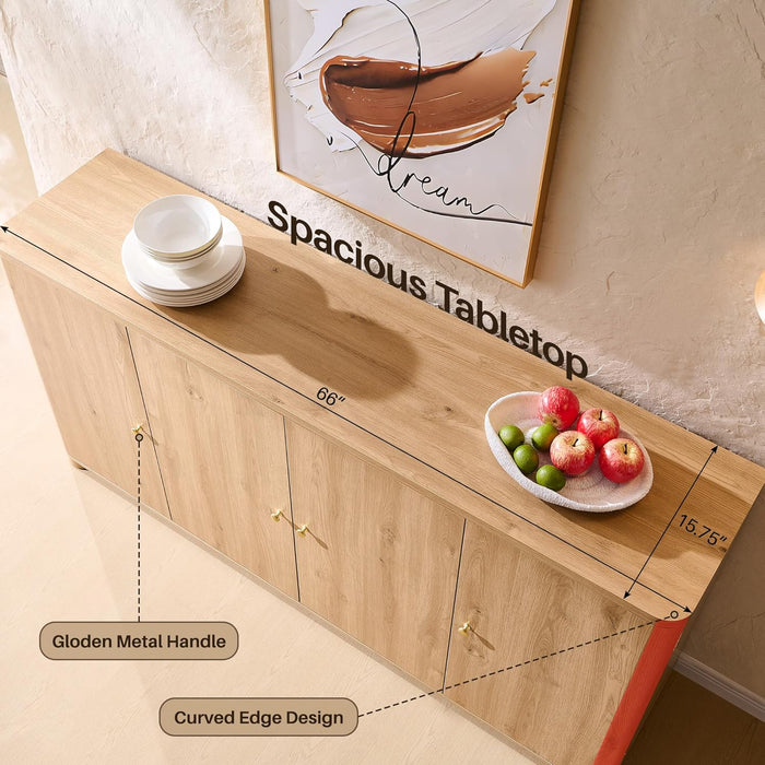 Curved Buffet Cabinet with Doors, 66" Large Sideboard Buffet Storage Cabinet with 4 Doors and Shleves, Modern Coffee Bar Station Wood Kitchen Table for Kitchen, Dining Room, Natural