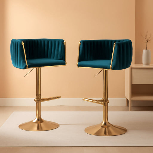 Modern Swivel Bar Stools Set of 2, Velvet Adjustable Height Barstool with Barrel Back Kitchen Island Counter Bar Chair with Golden Base, Teal Green