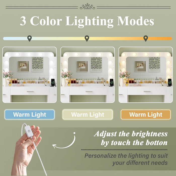 Makeup Vanity Desk with Large Mirror and Lights, Vanity with Power Strip and Hairdryer Holder, 6 Open Shelves and 7 Drawers Modern Dressing Table, for Bedroom (White)