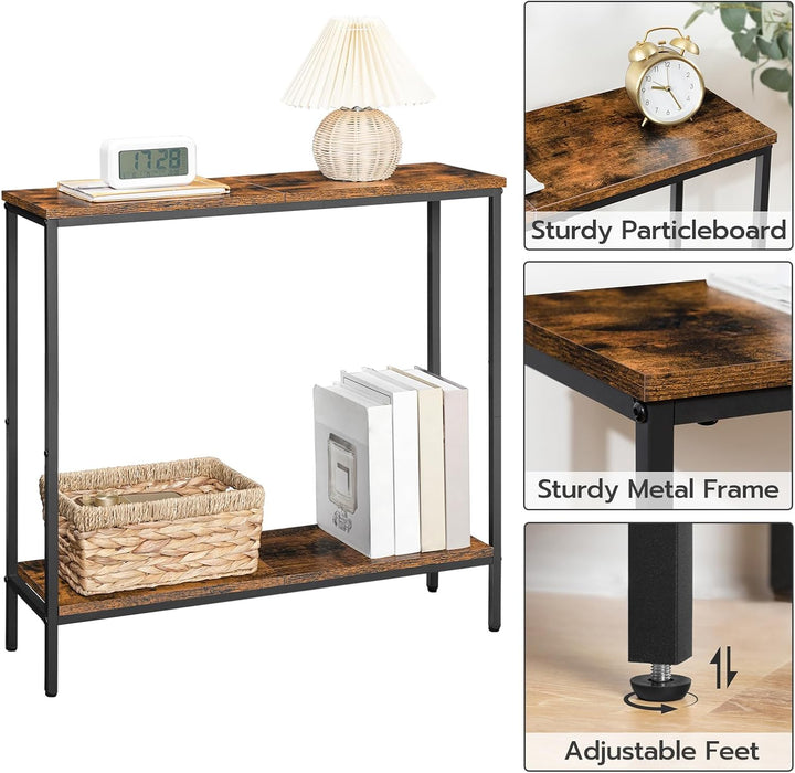 29.5" L Narrow Console Table, Sofa Table behind Couch with 2-Tier Storage Display Shelves, 8.7" D Small Entryway Table for Hallway, Foyer, Living Room, Bedroom, Rustic Brown and Black BF22XG01