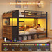 Twin over Twin Bunk Bed with 6 Storage Drawers,Led Lights and Charging Station Metal Bunk Beds with Side Bookcase,3 Storage Boxes &Shelf,L-Shaped Bunk Bed with Safety Guardrail and Ladder,Black