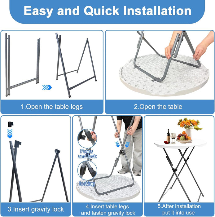 32In Folding Cocktail Table High Top Round-Hdpe Material Heavy Duty Bar Height Standing Event Table, Portable Folding Table with Metal Frame, Removable Legs, Indoor & Outdoor Use(White, 1PC)