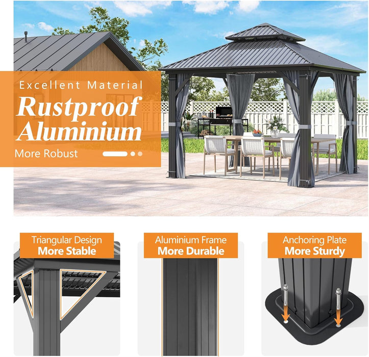 9.5X9.5Ft Outdoor Hardtop Gazebo with Double Roof - Aluminum Heavy-Duty Steel Top Gazebo with Breathable Netting & Privacy Curtain for Patio, Porch, Garden, Lawn, Deck, Backyard