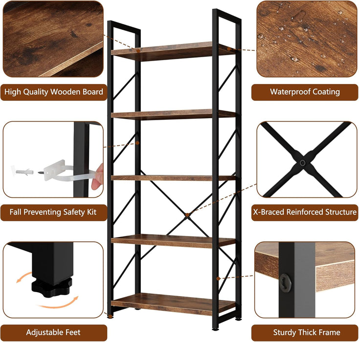 5 Tiers Bookshelf, Classically Tall Bookcase Shelf, Industrial Book Rack, Modern Book Holder in Bedroom/Living Room/Home/Office, Storage Rack Shelves for Book, Brown