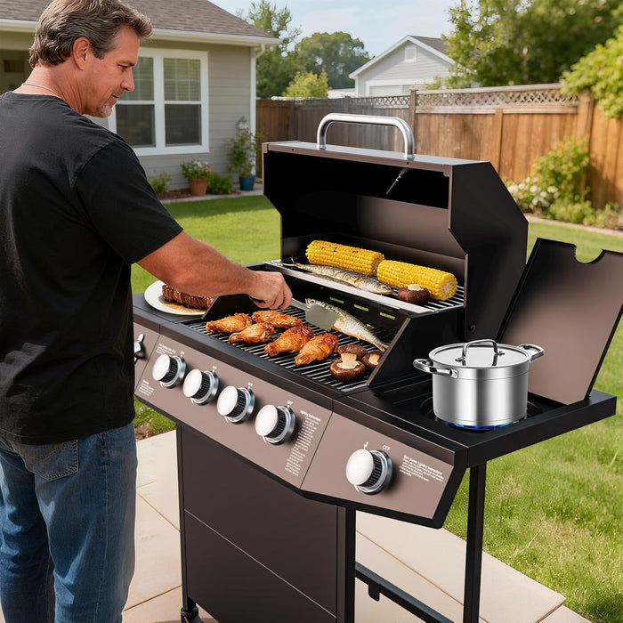 4-Burner Propane Gas Grill with Side Burner, 50,000 BTU Gas BBQ Grill with Stainless Steel Grates,Easy-Clean Grease, Side Tablesfor Patio, Camping, Backyard