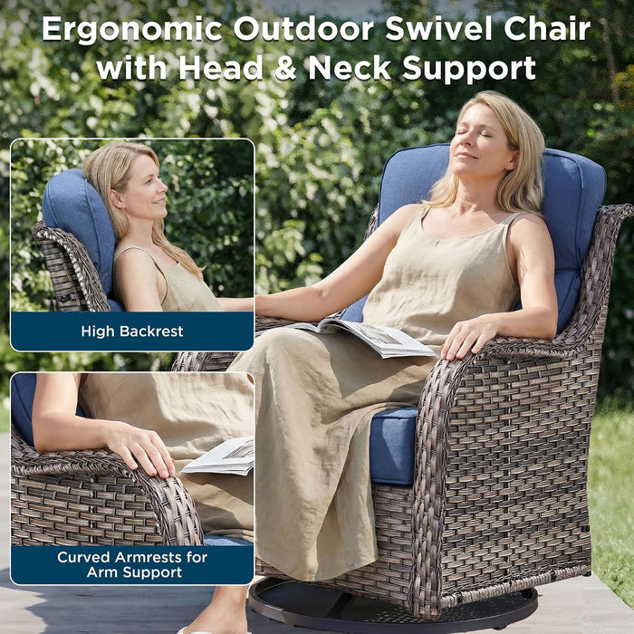 Luxury Patio Furniture Set with Fire Pit Table-6 Pieces All Weather Outdoor Swivel Rocker Chairs with Sofa and Ottomans. Outdoors Patio Conversation Sets for Porch Deck Garden Backyard(Grey/Blue)