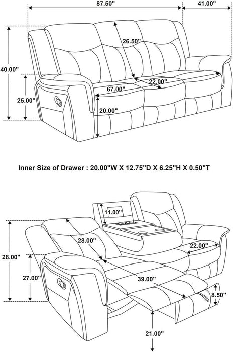 Coaster Home Furnishings - Conrad - Fabric - Upholstered Motion Reclining Sofa with Power Outlet, Padded Headrests and Wall Hugger Design - Living Room - Grey - 650354