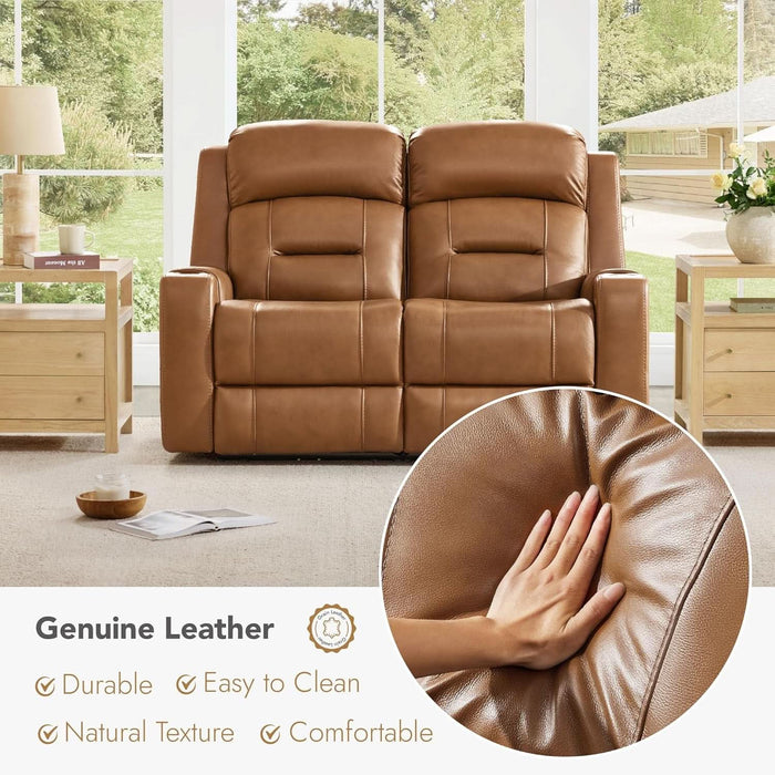 Genuine Leather Power Loveseat Recliner Sofa, Lay Flat Loveseat Reclining Sofa with Power Headrest, Cup Holders, USB & Type-C Ports, Dual Recliners for Living Room, Saddle Brown