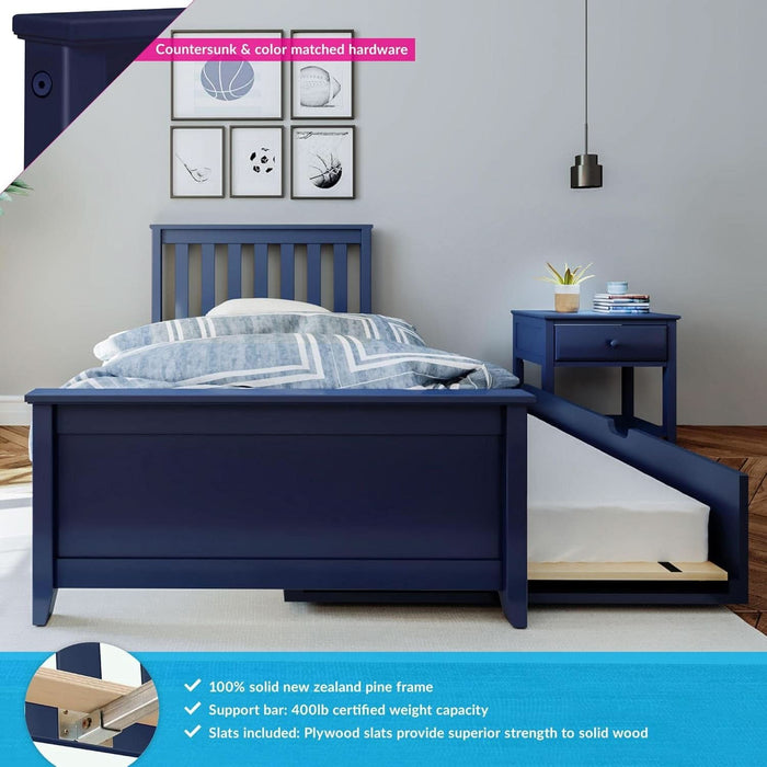 Twin Bed, Wood Bed Frame with Headboard for Kids with Trundle, Slatted, Blue