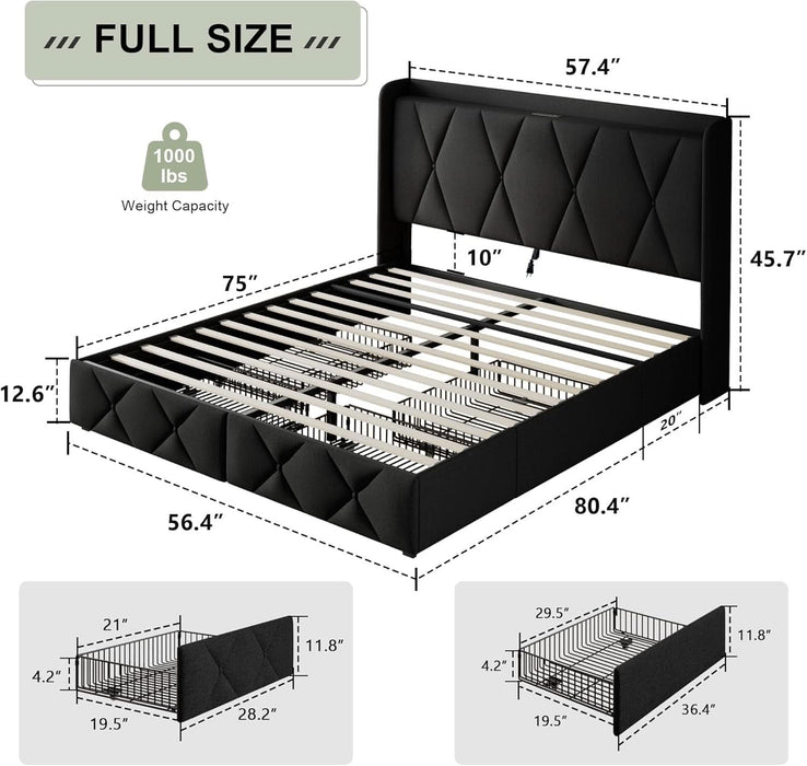 Full Size Bed Frame with 4 Storage Drawers, Upholstered Platform Bed with Charging Station, Wingback Storage Headboard, Wooden Slats Support, No Box Spring Needed, Easy-Assembly, Black