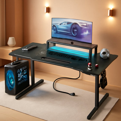 Small Gaming Desk with LED Lights & Power Outlets, 55 Inch Computer Desk with Monitor Stand, PC Gaming Table with Carbon Fiber, Black