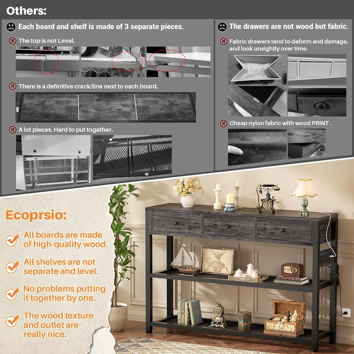 47'' Entryway Table with Outlets and USB Ports, Console Table with 3 Drawers, Sofa Table Narrow Long with Storage Shelves for Living Room, Couch, Hallway, Foyer, Kitchen Counter, Grey