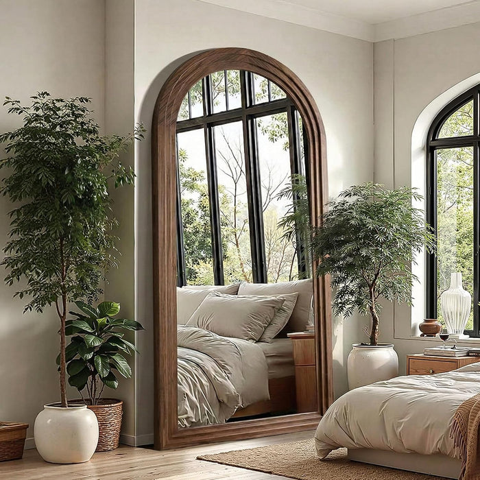 Arched Full Length Mirror with Stand, 75X35 Brown Wood Floor Mirror