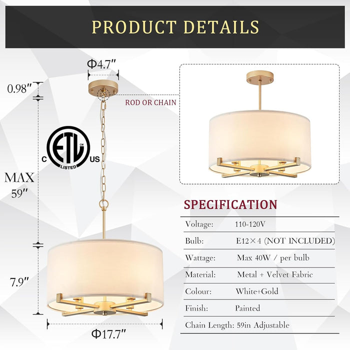 Modern Drum Chandelier 18” White and Gold Pendant Light Fixture round Fabric Shade 4 Lights Semi Flush Mount Hanging Ceiling Chandelier for Dining Room Bedroom