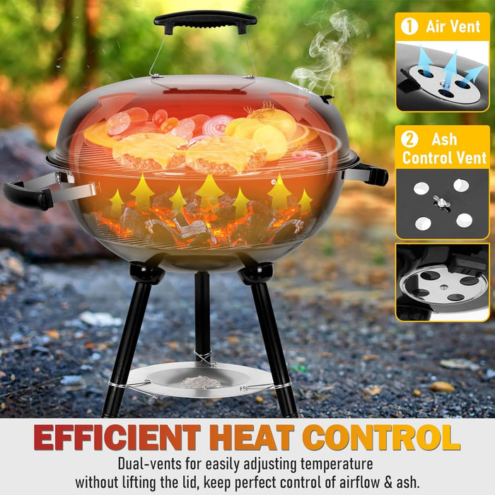 Kettle Charcoal Grill (18 Inch), Outdoor Barbecue Grill for Camping/Backyard/Tabletop Grilling, Portable round Smoker with Wheels, Enameled Lid & Fire Bowl, Dual Venting System, Black