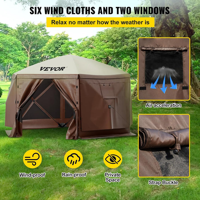 12 * 12Ft 6 Sided Pop-Up Canopy Shelter Tent with Mesh Windows, Portable Carry Bag, Stakes, Large Shade Tents for Outdoor Camping, Lawn and Backyard, Brown/Beige