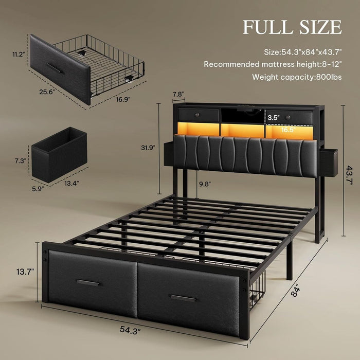 Full Size with 2 Storage Drawers and Charging Station, Upholstered Bed with Storage Headboard and LED Light, Heavy Duty Metal Frame Support, No Box Spring Needed, Noise Free, PU Leather Black