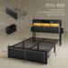 Full Size with 2 Storage Drawers and Charging Station, Upholstered Bed with Storage Headboard and LED Light, Heavy Duty Metal Frame Support, No Box Spring Needed, Noise Free, PU Leather Black