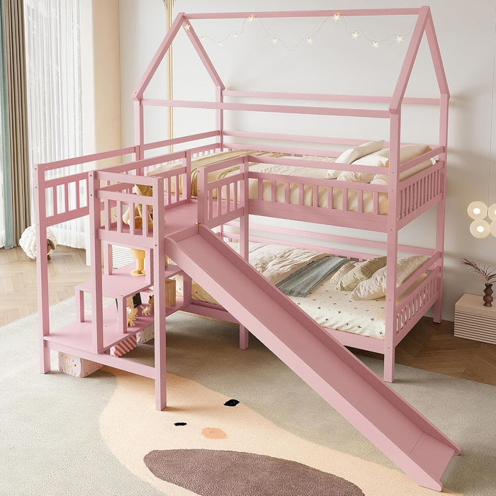 Pink FullOverFullBunkBed PlayhouseWithStairs Storage