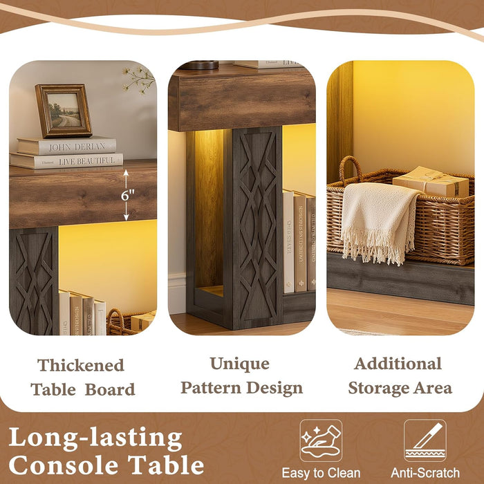 47" Console Table with Outlets & LED Lights, Farmhouse Entryway Table with Unique Geometric Pattern, Sofa Table behind Couch with 2-Tier Storage for Living Room, Hallway, Foyer, Grey & Brown