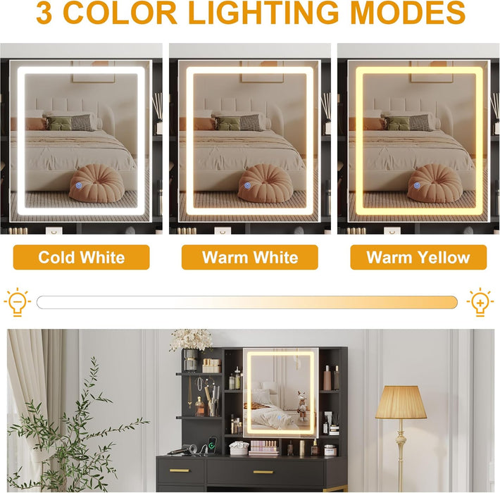 Makeup Vanity Desk, Vanity Desk with Lights in 3 Colors, Vanity Table with Charging Station, Visible Drawers, Black