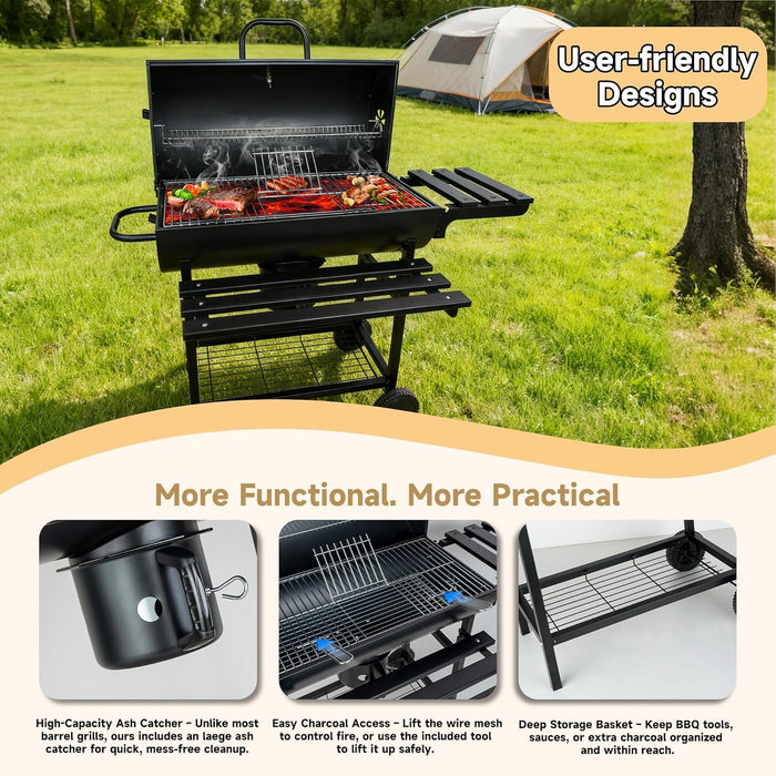 Charcoal Grill with Lid, 27" Outdoor BBQ Grill with Thermometer, Side Shelves, Wheels & Ash Catcher, Large Barrel Charcoal Smoker for Backyard, Camping & Outdoor Cooking