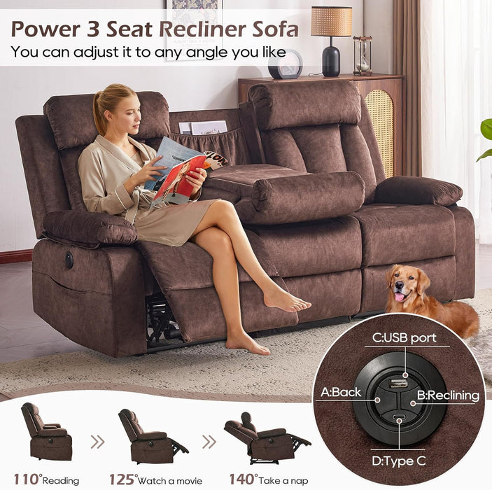 Power Reclining Sofa with Heat&Massage, Reclining Couch with Multi-Function Console/Usb Ports/Type C, Wall Hugger 3 Seater-Sofa Recliner, Reclining Sofa Couch for Living Room