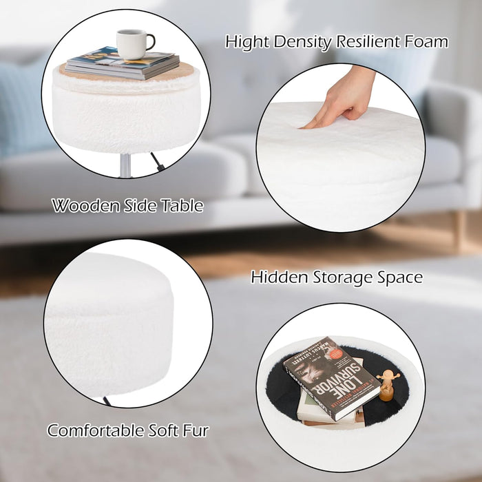 Adjustable Vanity Stool with Storage, 360° Swivel Gold Chair, Faux Fur Small round Ottoman Footrest for Bathroom, Makeup Room, White
