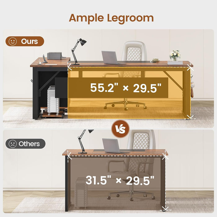 71" Executive Desk with Rolling File Cabinet, Large Office Desk with Drawers, L Shaped Computer Desk with Power Outlets, CPU Stand, Pegboard and Storage Shelves, Rustic Brown