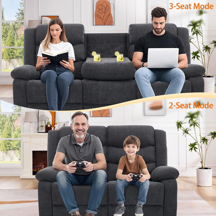 Recliner Sofa, Reclining Loveseat with Console, Oversized Reclining Couch with Drop down Table, 3-Seater Sofa with Cup Holder and Recessed Power Strip, Grey
