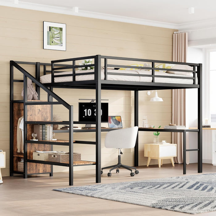 Queen Loft Bed with Desk & Wardrobe, Heavy Duty Metal Loft Beds Frame with Storage Stairs, LED Loft Bed Queen Size with Charging Station & Safety Guardrails, Dark Wood Grain