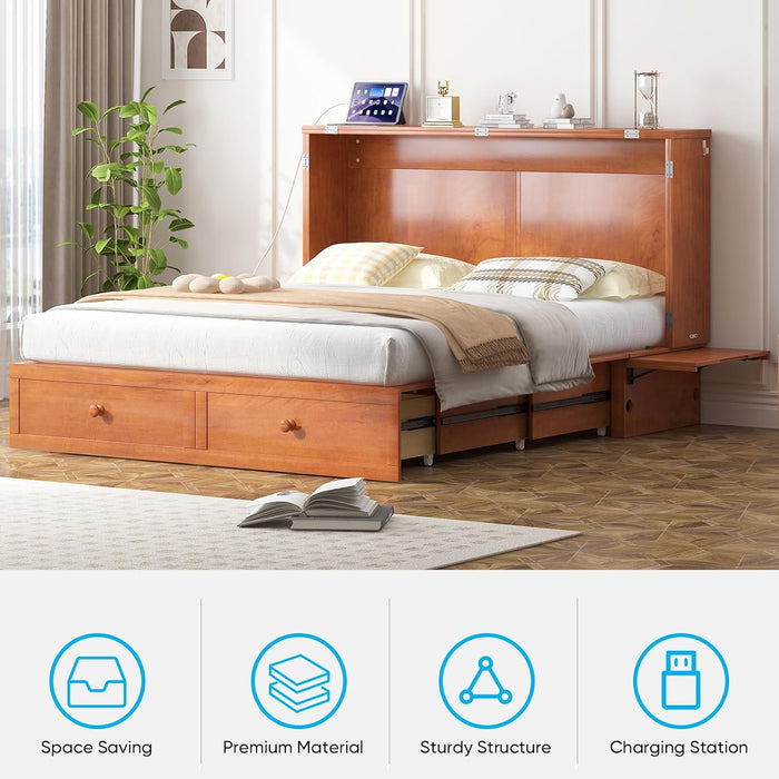 Cherry Solid Wood Murphy Bed CabinetWithUSBPort Queen