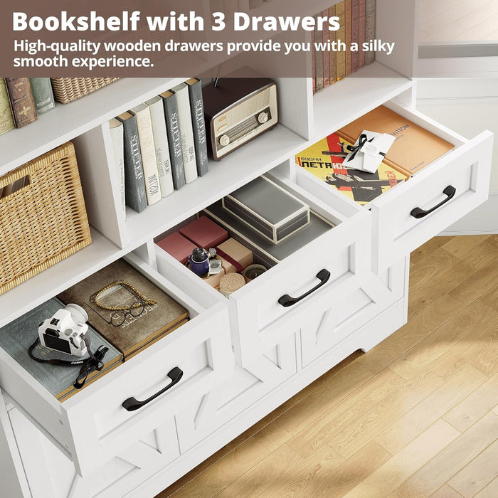 Bookshelf with Drawers & Doors, Tall Bookshelf with Storage, Bookcase with Cabinets for Home Office, Living Room, White
