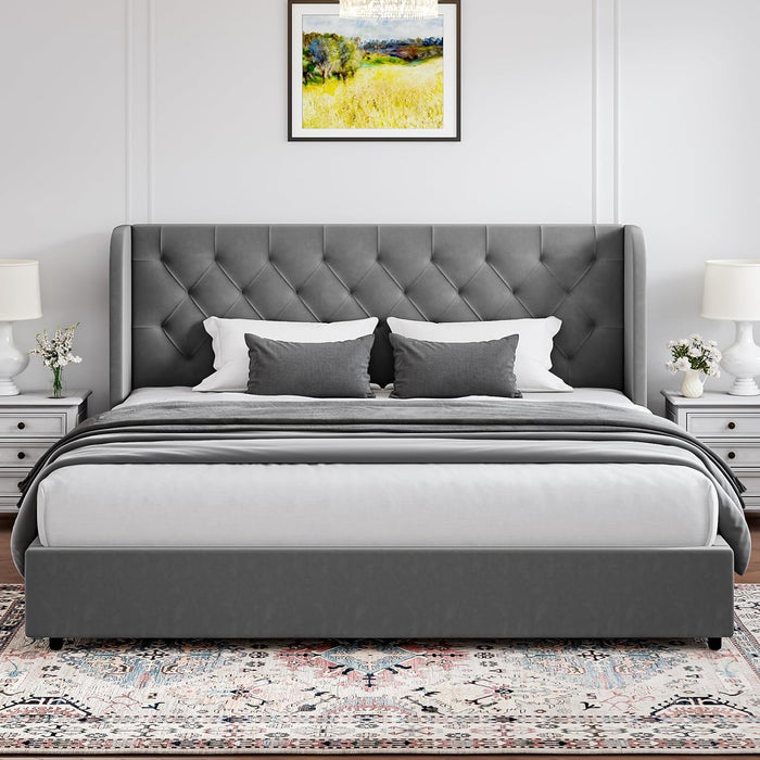 Grey King Bed Frame, Velvet Upholstered Platform Bed Frame with Headboard, Curved Wingback Design, Wooden Slats, No Box Spring, Noise Free, Easy Assembly