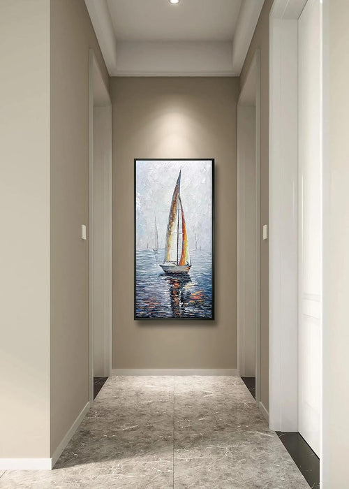 Art,24X48 Inch Modern Abstract Hand Painted Frame Oil Paintings Sailing Boat on the Sea Acrylic Canvas Hanging Painting Living Room Bedroom Wall Art Home Decoration